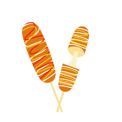 Illustration of a sausage filled with melted cheese. Illustration of a grilled sausage. Flat design of a cheese sausage. Cartoon style sausage illustration 