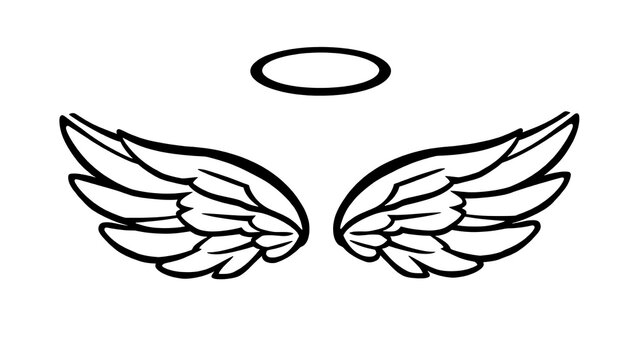 A simple black and white drawing of angel wings with a halo on a plain white background art design |   be an angle day