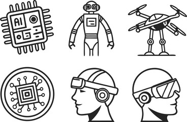 Illustration showing ai chip, robot, drone, coin chip, vr headset, and ar headset in black outline