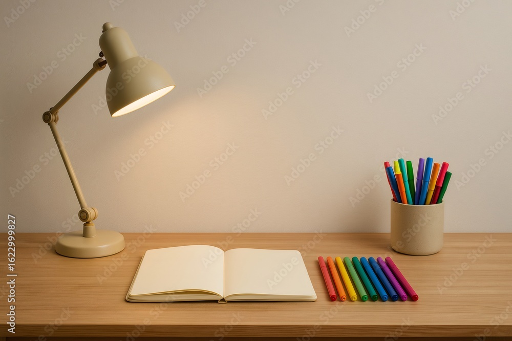 Aufkleber open notebook on a wooden table illuminated by a desk lamp with colorful felt tip pens, ready for cr