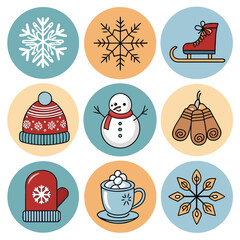 Winter Icon Set – Flat Seasonal Icons for Cold Weather, Snow, Holidays, Christmas, Winter Sports, Hot Drinks, Mittens, Snowflakes, Skating, Vector Pack

