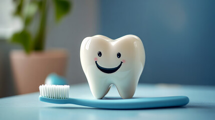 Promoting oral hygiene with happy tooth and toothbrush