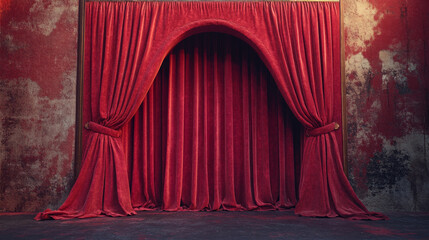 Red curtains covering stage entrance with columns and arch