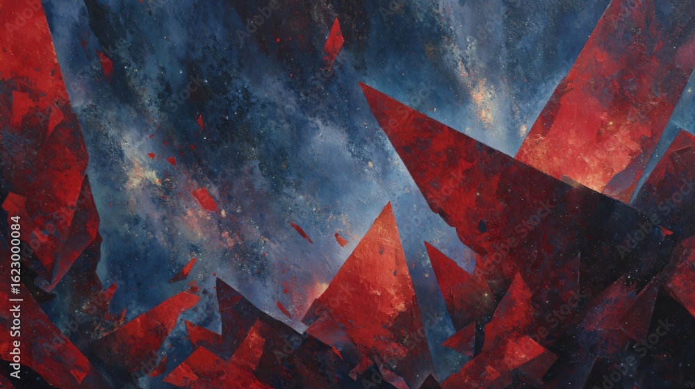 Poster a dynamic abstract painting featuring sharp jagged red shapes dramatically contrasting against a mut