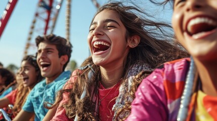 Hyper-realistic image of a group of Indian metropolitan young adults enjoying a thrilling amusement park ride like a sky fall or an upside-down pendulum ride during daytime