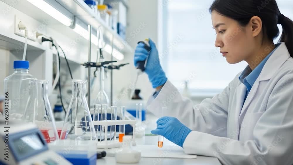 Poster focused scientist conducting experiment in modern lab