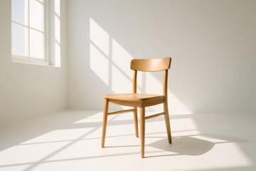 Sunlight streaming through a window highlights a wooden chair in a white room, fostering a minimalist and serene atmosphere perfect for relaxation
