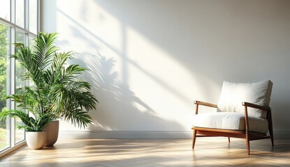 A modern, minimalist interior featuring a cozy chair, a large window, and a potted plant, illuminated by natural sunlight and casting soft shadows.