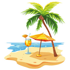 Tropical island scene with cocktail.  Palm tree, yellow umbrella, and a glass of drink on a sandy beach.  Ocean water in the background