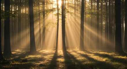 Obraz premium Sunbeams pierce a misty forest at dawn, illuminating the tree trunks and forest floor with a golden light.