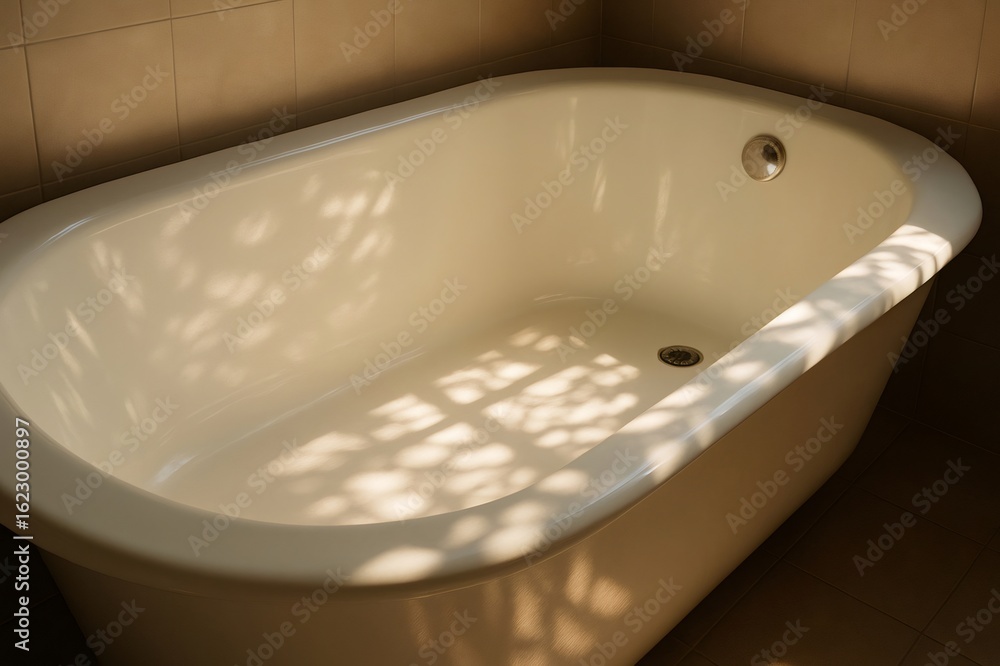 Poster sunlight casting shadows on the surface of an empty bathtub, creating an interesting pattern of ligh