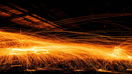 Dynamic metalworking scene with glowing sparks and motion blur, showcasing industrial energy under dramatic lighting.