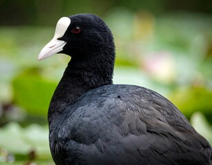 Elegant Eurasian Coot Portrait: A Close-Up of a Black Waterfowl in Natural Habitat