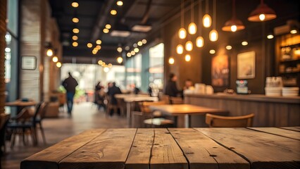 Cozy Modern Café Interior with Wooden Table and Warm Lighting Ambience