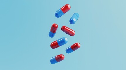 Capsules falling on blue background in midair image closeup. Suspended pills. Medicine dynamics. Pharmaceutical close-up photography. Modern pharmacy concept photo realistic