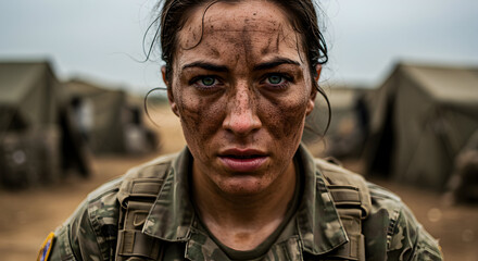 Determined soldier stares intensely after a challenging military exercise, showcasing resilience and strength in the face of adversity.