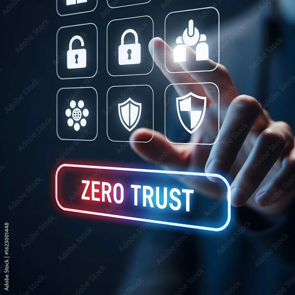 Aufkleber finger pressing a glowing button labeled zero trust on a digital interface with security icons
