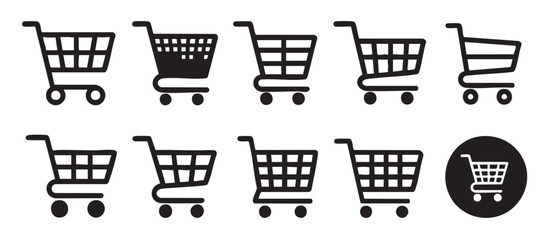 Ten black shopping cart icons on white background with one in a circle trolley commerce