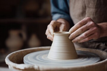 Hands skillfully shaping clay on potter's wheel, creating unique