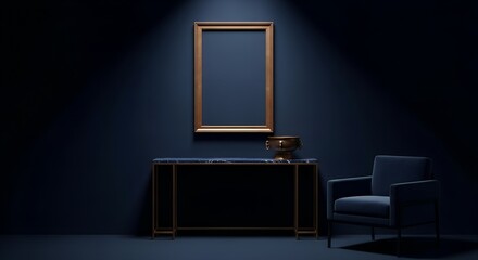 Luxurious dark blue room interior with a spotlighted empty golden frame, marble console table, and comfortable velvet armchair.