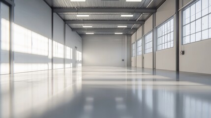 Obraz premium A spacious, empty warehouse with white walls and large windows, illuminated by natural light.
