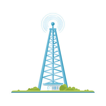 Telecommunications tower illustration, radio transmitter sending signals with small building