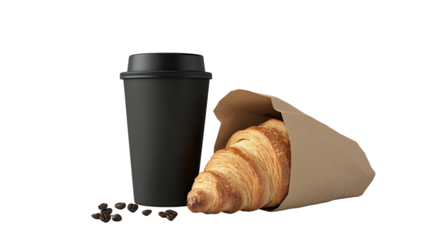 Paper cup with hot coffee and fresh croissant in kraft bag isolated on white transparent background