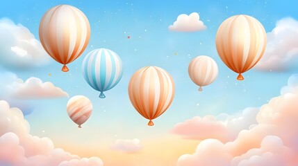 Fototapeta premium Whimsical Hot Air Balloons Floating in Pastel Sky Dreamy Cloudscape Illustration