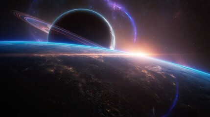 Fototapeta premium A majestic planet with glowing rings floating in a star-filled cosmic landscape.