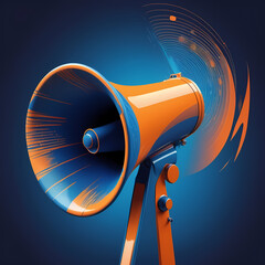 Vintage megaphone with abstract sound wave visualization in orange and blue duotone, symbolizing modern communication. 