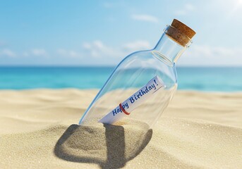 Birthday message in a bottle on a beach. Generative Ai