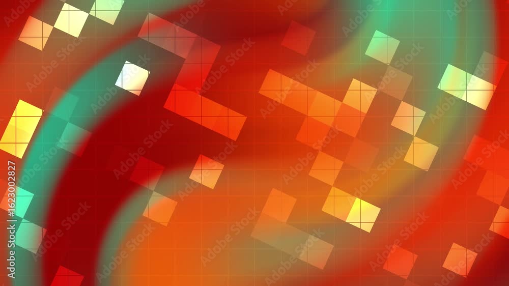 Poster aqua magma dynamic squares dance across an orange and red gradient background with teal accents and 