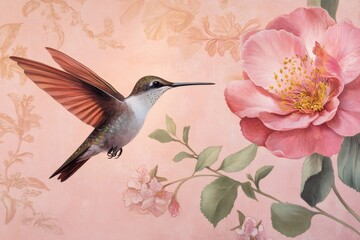 Fototapeta premium Beautiful hummingbird flying near a pink flower with vintage wallpaper in the background, creating a delicate and elegant atmosphere