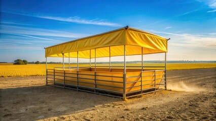 A vibrant yellow agricultural enclosure, sheltered by a sun canopy, stands in a sunlit field of golden grain under a bright blue sky, suggesting harvest time or a temporary storage solution.