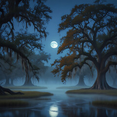 Full Moon Night in a Misty Swamp with Oak Trees 
background.