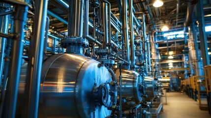 A large industrial factory with metal pipes and tanks, illuminated by overhead lights. The scene is industrial, with a focus on the machinery and equipment.