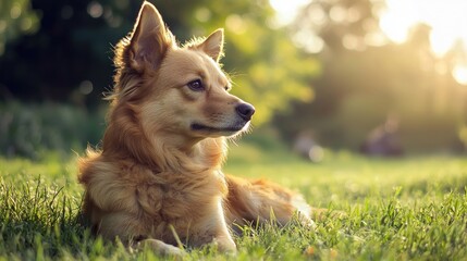 A golden dog lying on a grassy field with a blurred background of trees and sunlight.