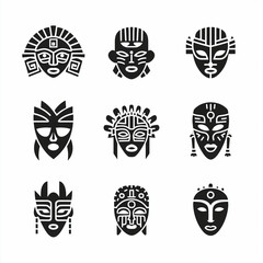 black and white icons of masks, simple, white background, aztec, female