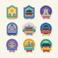 collection of game achievement badges with Korean architecture, cute and colorful style, minimalistic, flat vector style