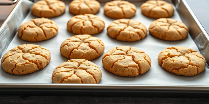 Golden brown peanut butter cookies, slightly cracked tops, on baking sheet,  confection,  yummy