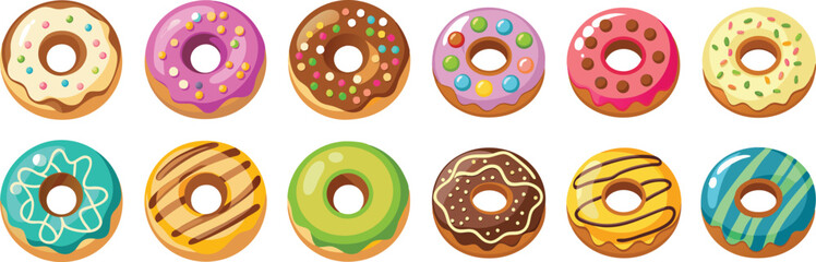 A colorful assortment of cartoon donuts with various toppings and icings