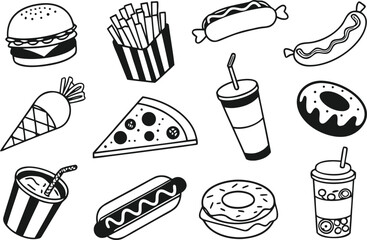 Illustration of various fast food items including burger fries hotdog pizza and drinks in black outline