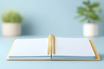 Open notebook on soft blue background with greenery enhancing tr