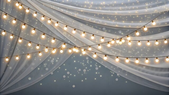 Warm string lights draped over flowing white fabric background - Powered by Adobe