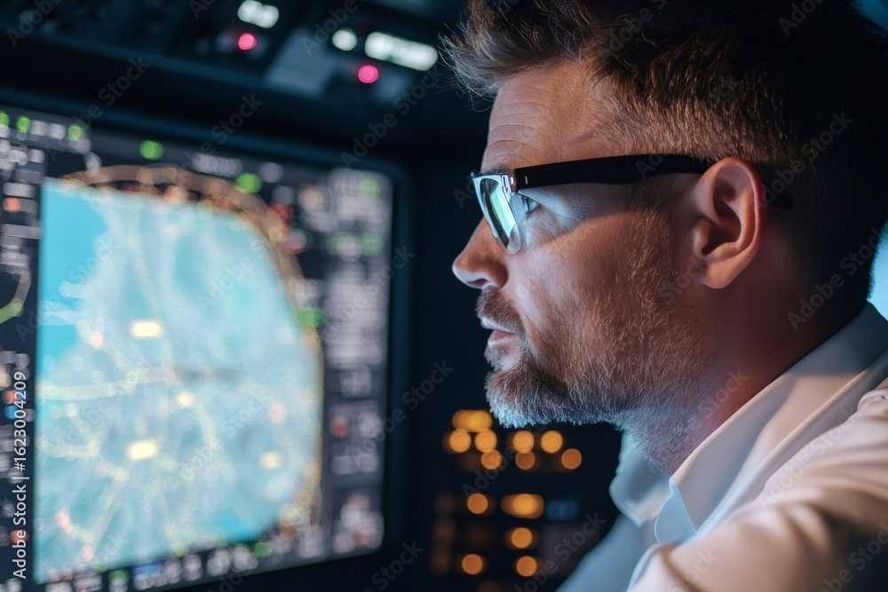 Poster focused pilot checking navigation system on monitor while sitting in cockpit of airplane, preparing 