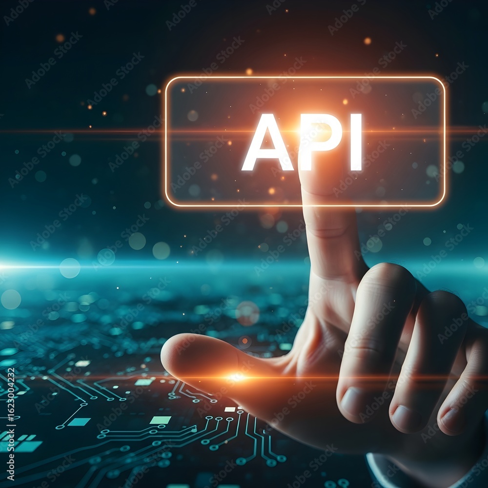 Poster finger presses glowing api button on futuristic digital interface with blurred background