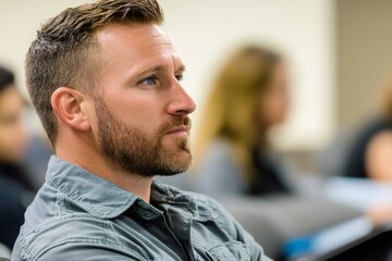 Airline pilot participating in a refresher course, attentively listening to the instructor while enhancing skills and knowledge in aviation