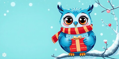 Obraz premium Whimsical cartoon blue owl in festive scarf, holding gift, snowy teal background, present, animal