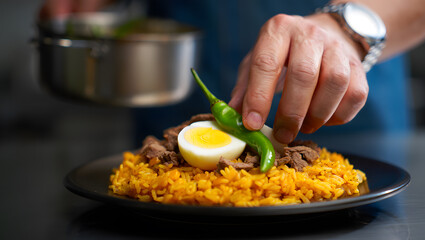 Chef's Hands Preparing Delicious Saffron Rice Food Dish with Beef and Egg: Gourmet Meal