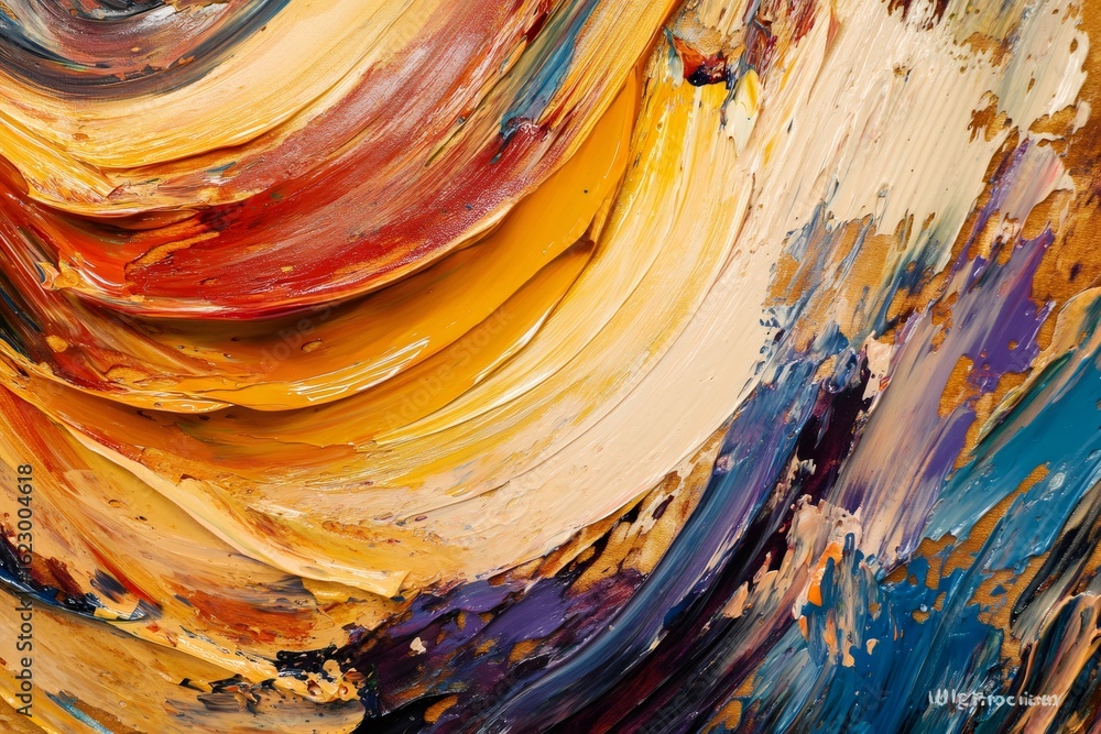 Poster thick, vibrant oil paints create a dynamic abstract composition with swirling patterns and textures